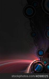 A graphical layout with circular art elements over a glowing fractal background.