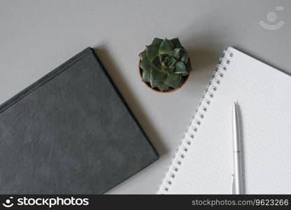 A gray Desk with office tools: a diary or Notepad, a ballpoint pen, and a succulent. Workplace of an office worker, freelancer, or blogger.