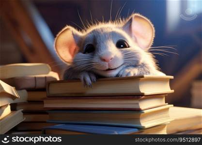 A gray mouse in a sweatshirt is sitting with books in the library. The concept of preparing for school. The gray mouse is sitting with books