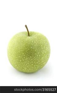 A green apple covered in moisture