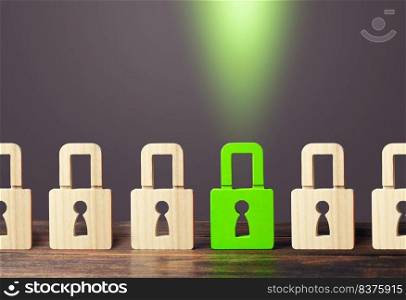 A green padlock stands out from others. Safety of personal data, privacy of users. NSFW. Virus, antivirus. Protecting information and avoiding unauthorized access and data leakage. Hacking attack.
