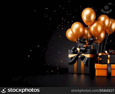 A greetings banner or postcard with black and orange air balloons on black background. Celebration day.. A greetings banner or postcard with black and orange air balloons on black background. Celebration day