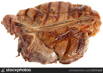 A grilled Porterhouse or T-Bone steak, viewed from a 45 degree angle, isolated on white.