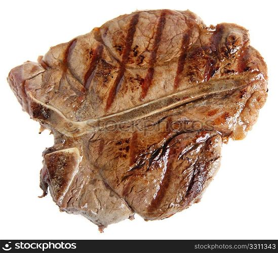 A grilled T-bone or porterhouse steak isolated on white, viewed directly from above.