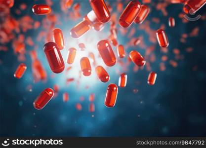 A group of antibiotic pill capsules fallling. Healthcare background.