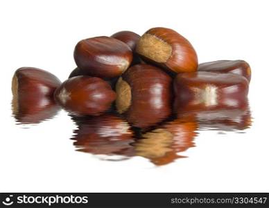 a group of chestnuts are reflected on water