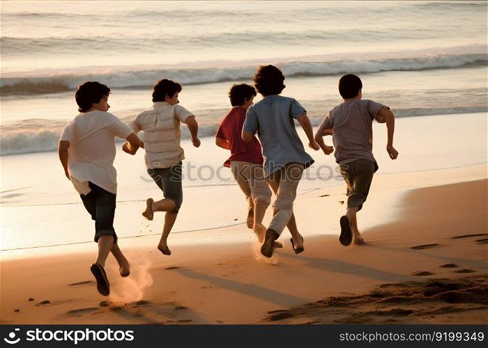 A group of children playing on the beach. Neural network AI generated art. A group of children playing on the beach. Neural network AI generated