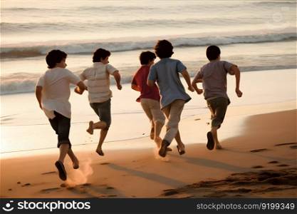A group of children playing on the beach. Neural network AI generated art. A group of children playing on the beach. Neural network AI generated