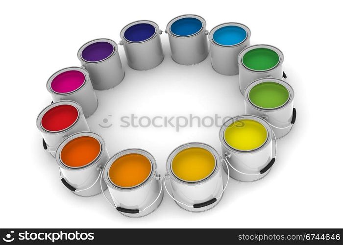 A Group of Colorful Paint Cans on White Background
