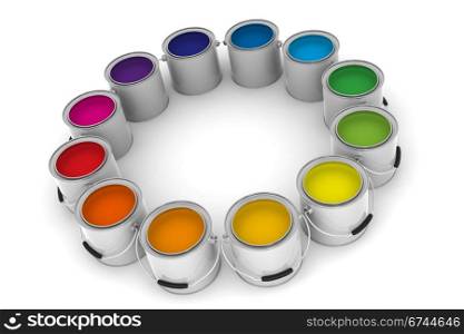 A Group of Colorful Paint Cans on White Background