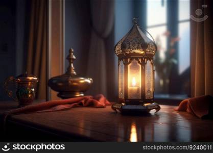 A group of colorful Ramadan lanterns arranged on a table, casting a warm and vibrant glow on the surrounding area. Perfect for festive themes. AI Generative.