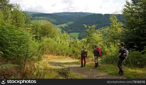 A group of hikers enjoying the view in the Ardennes mountain range.