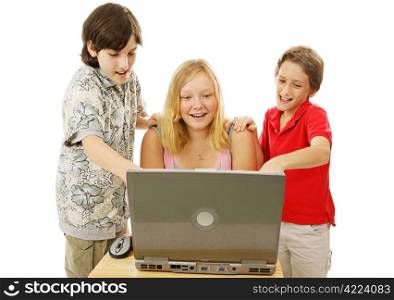 A group of kids having fun using a laptop computer. Isolated on white.