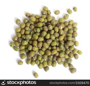 A group of mung beans on a white background, seen from above
