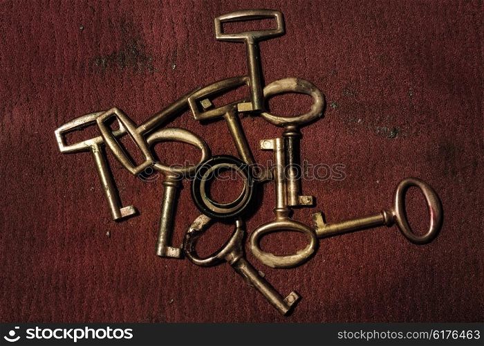 A group of old gold keys closeup