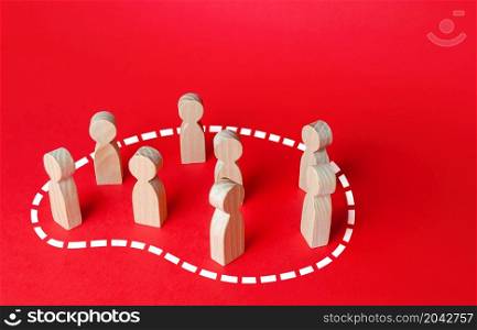 A group of people is circled in dotted line. Grouping people, teaming up. Society and community concept. Target audience, marketing and segmentation. Association, organization. Consolidation
