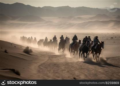 A group of people riding horses across the desert. The horses should be galloping and kicking up dust behind them. Generative AI