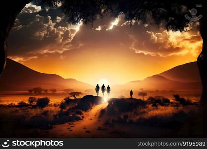 A group of people walking into the sunset. beautiful landscape. Neural network AI generated art. A group of people walking into the sunset. beautiful landscape. Neural network generated art