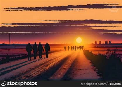 A group of people walking into the sunset. beautiful landscape. Neural network AI generated art. A group of people walking into the sunset. beautiful landscape. Neural network generated art