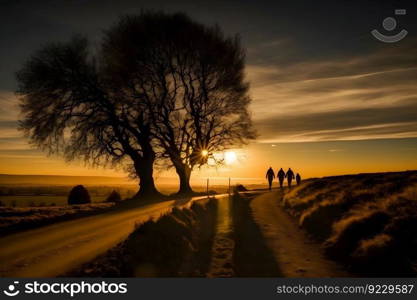 A group of people walking into the sunset. beautiful landscape. Neural network AI generated art. A group of people walking into the sunset. beautiful landscape. Neural network generated art