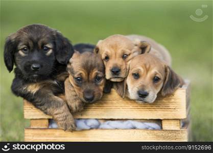 A group of puppies in a wooden crate on the grass