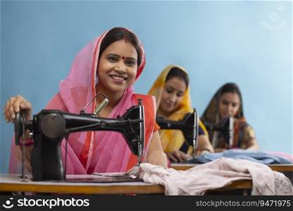A group of rural women working on sewing machines.