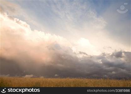 A group of storm clouds hovering above the horizon