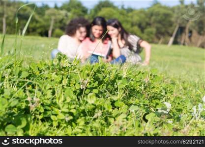 A group of students relaxing at the park - Selective focus on the grass