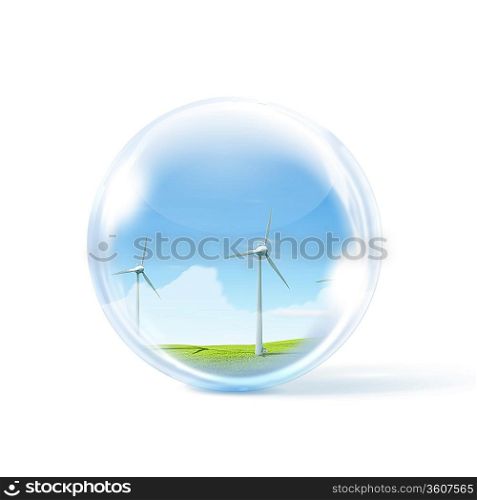 A group of wind turbines or windmills inside a glass sphere