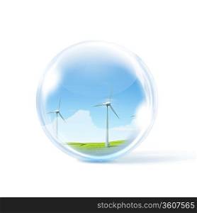 A group of wind turbines or windmills inside a glass sphere