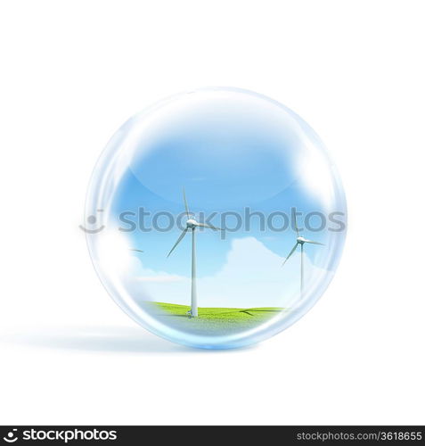 A group of wind turbines or windmills inside a glass sphere