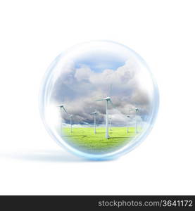 A group of wind turbines or windmills inside a glass sphere