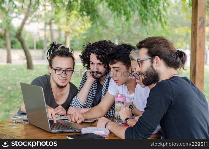 A group of young laptops working in the park.They all looking at the screen.