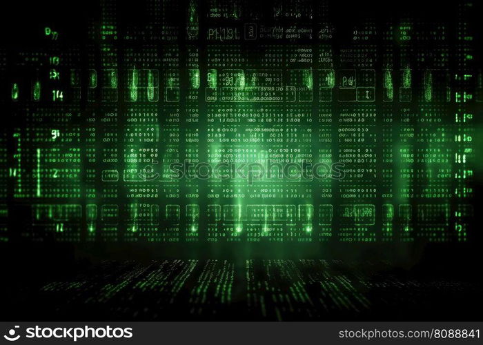A hacking background with binary and hexdecimal code on a screen created with generative AI technology