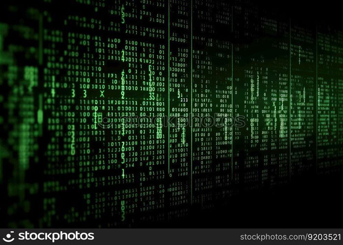 A hacking background with binary and hexdecimal code on a screen created with generative AI technology
