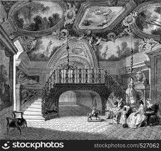 A hall of the palace Borghese, Rome, vintage engraved illustration. Magasin Pittoresque 1847.