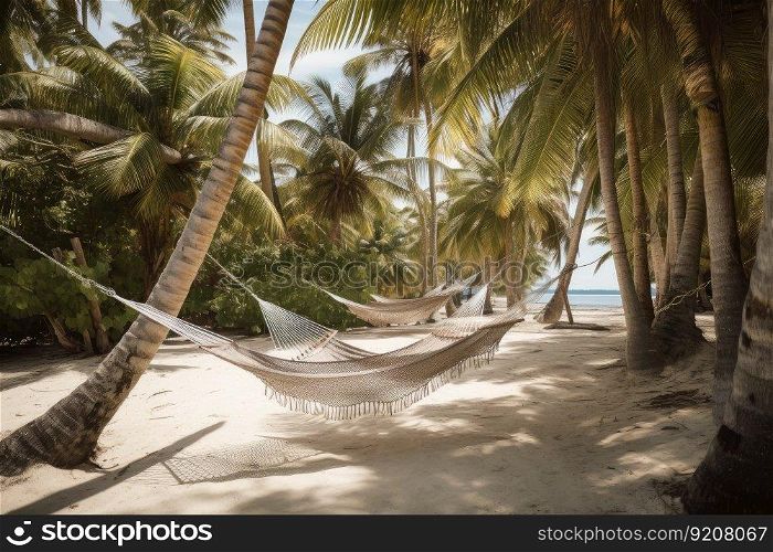 a hammock on a sandy beach, surrounded by palm trees, created with generative ai. a hammock on a sandy beach, surrounded by palm trees