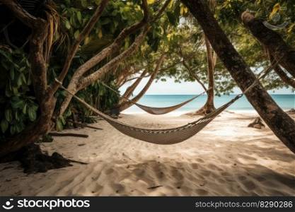 A hammock on a tropical beach created with generative AI technology