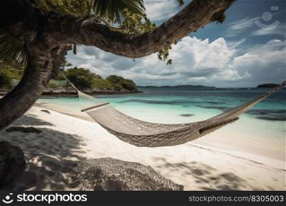 A hammock on a tropical beach created with generative AI technology