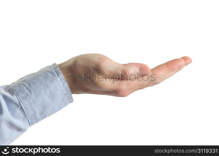 A hand begging alms on a white background