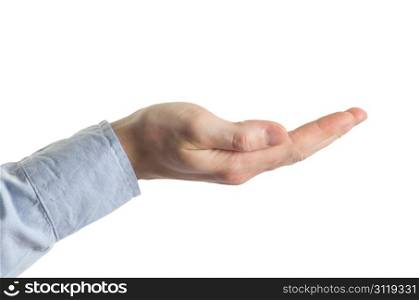 A hand begging alms on a white background