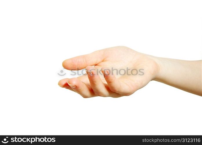 A hand begging alms on a white background