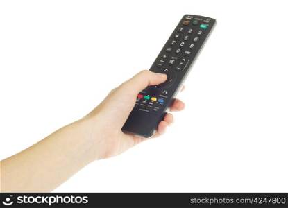 A hand holding a remote control isolated over a white background