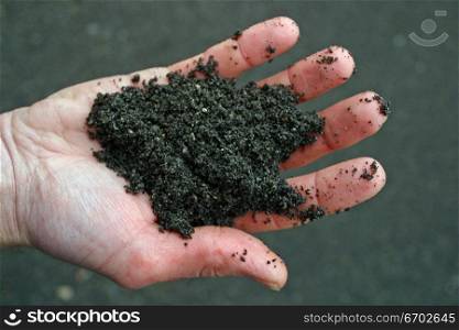 A hand holding black volcanic soil.