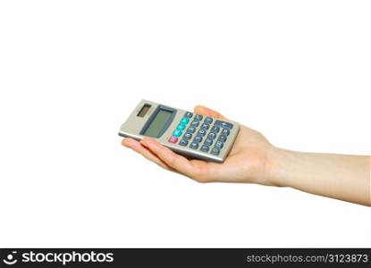 a hand holding calculator isolated on white