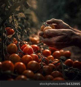 a hand picking tomatoes from the field created by generative AI