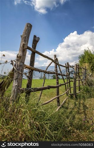 A handmade wooden fence made of thin rods. The old fence of tree trunks, rural landscape, nature wallpaper background.