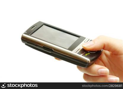 a hands holding a mobile phone for support