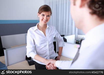 a handshake by a young businesswoman in office