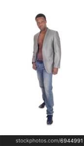A handsome African American man standing, wearing a jacket and noshirt, looking serious, isolated for white background